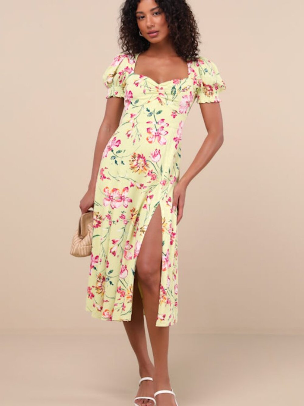 Lulus Parisian Picnic Green Floral Jacquard Puff Sleeve Midi Dress - Size XS NWT